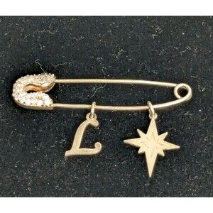 Vintage Rhinestone Safety Pin Brooch Dangling North Star Letter L Plume Brand